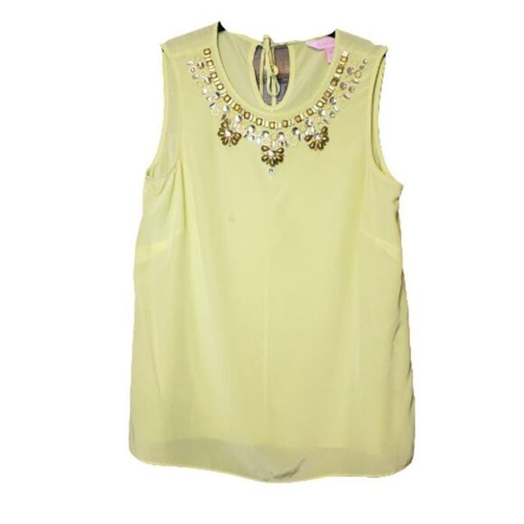 Lilly Pulitzer Havana 100% Silk Embellished Top in‎ Kelp Green Yellow Size XS - Picture 3 of 12